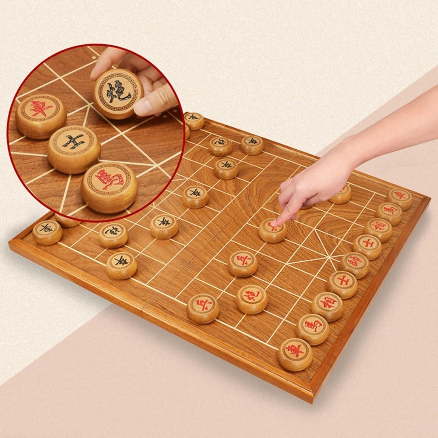 Large Sandalwood Xiangqi Chinese Chess Set Foldable Travel Board