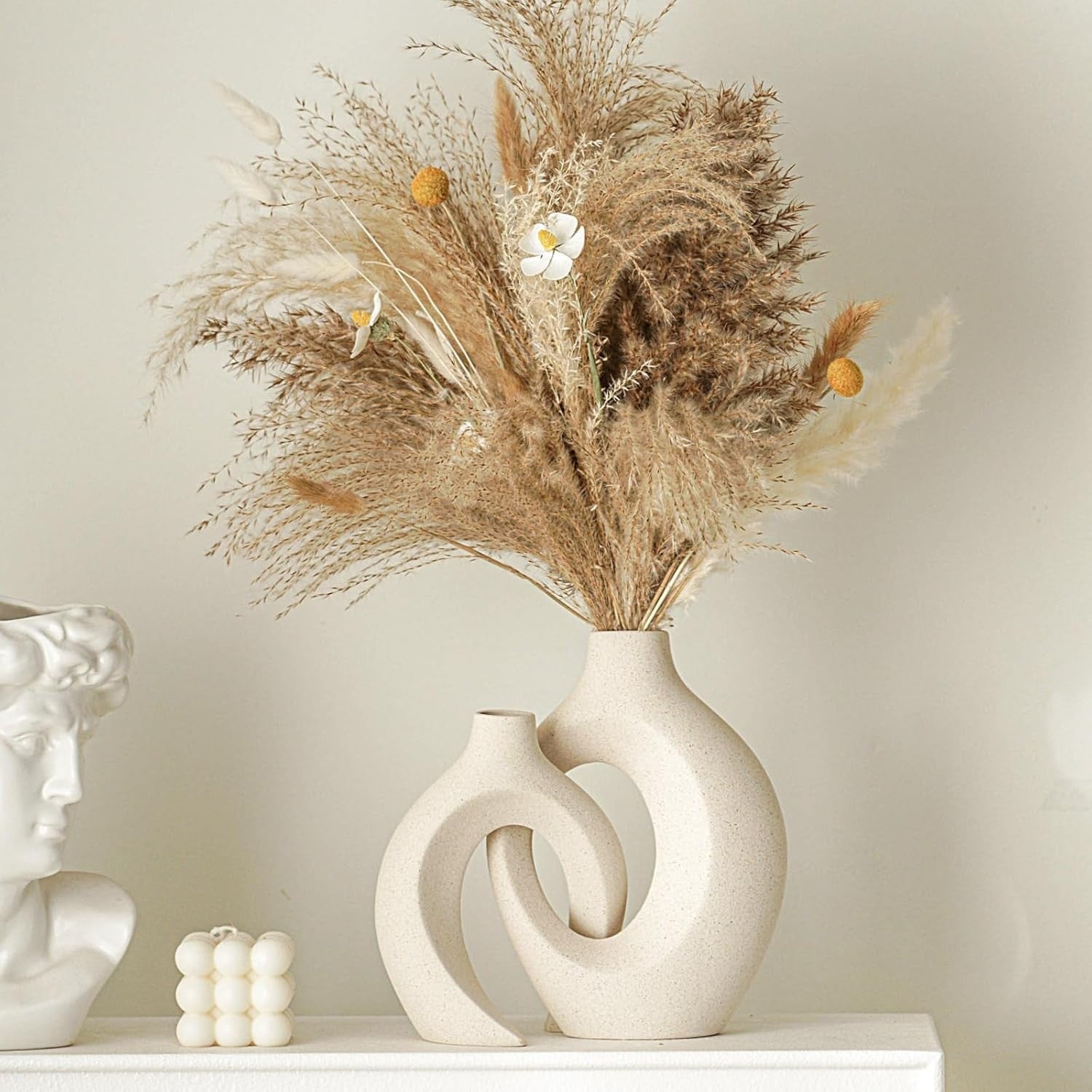 Ceramic Vase Set of 2 Nordic Boho Hollow Modern Flower Decor Cream White