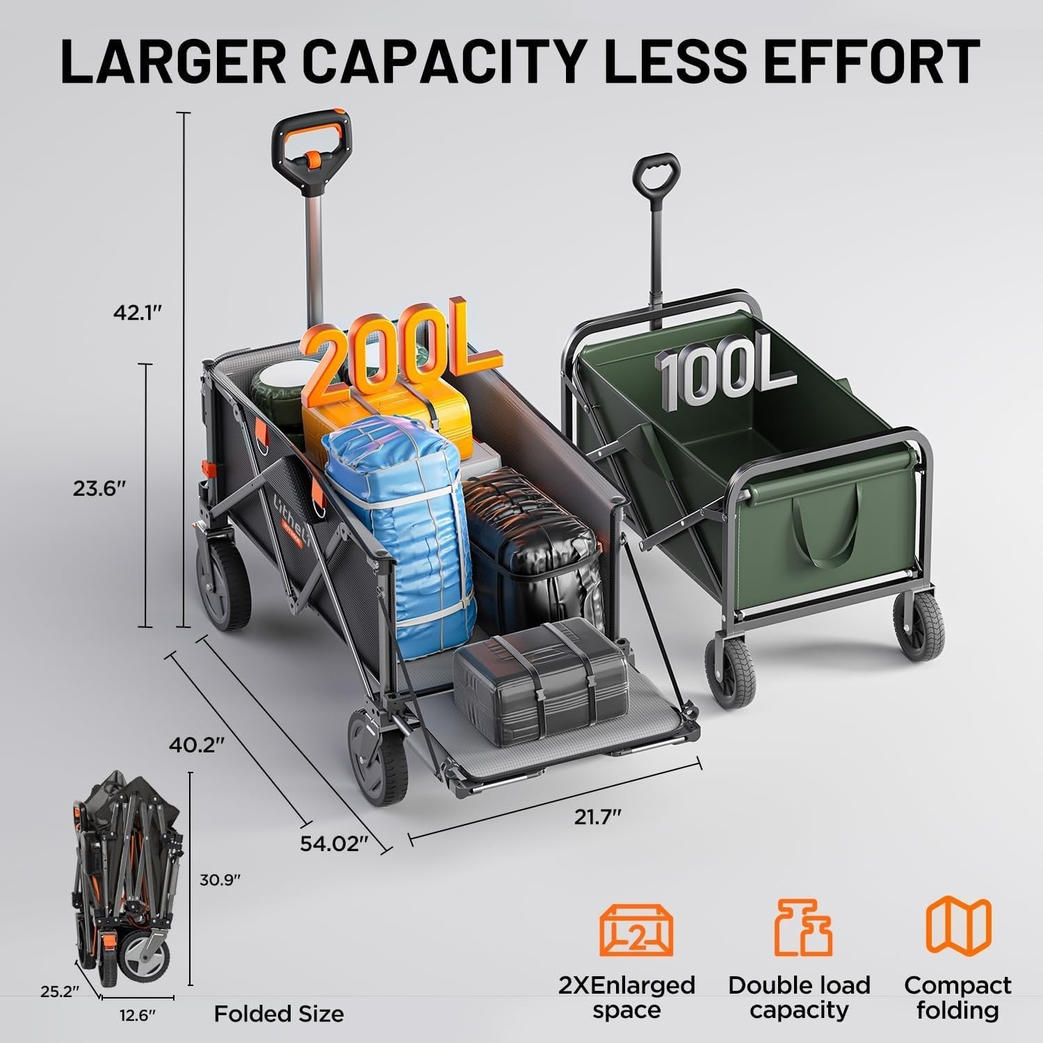 Electric Folding Festival Wagon 200L 60kg Off-Road Push Pull Beach Trolley Cart