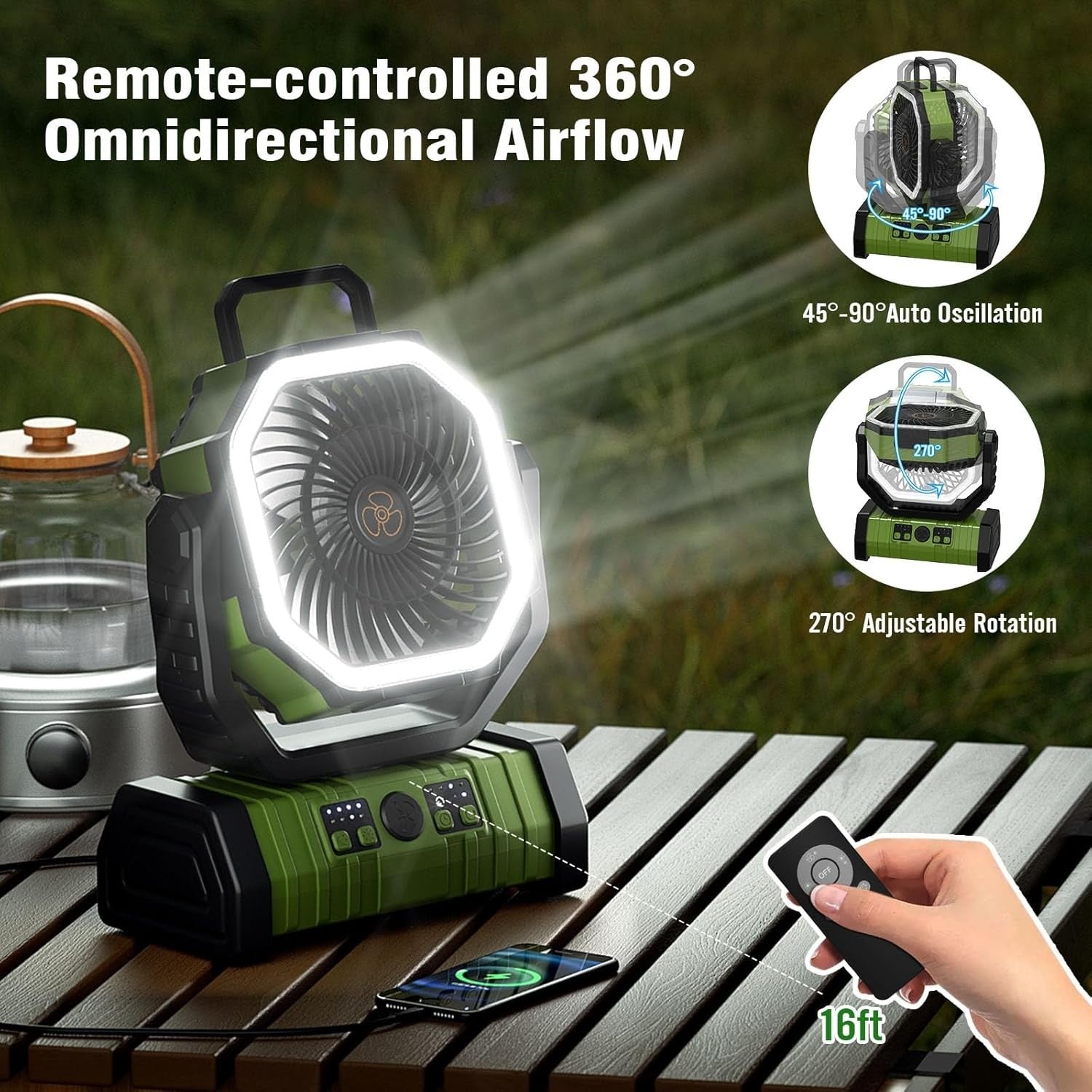 Rechargeable Camping Fan 20000mAh LED Light 4-Speed Portable Cooling USB Remote
