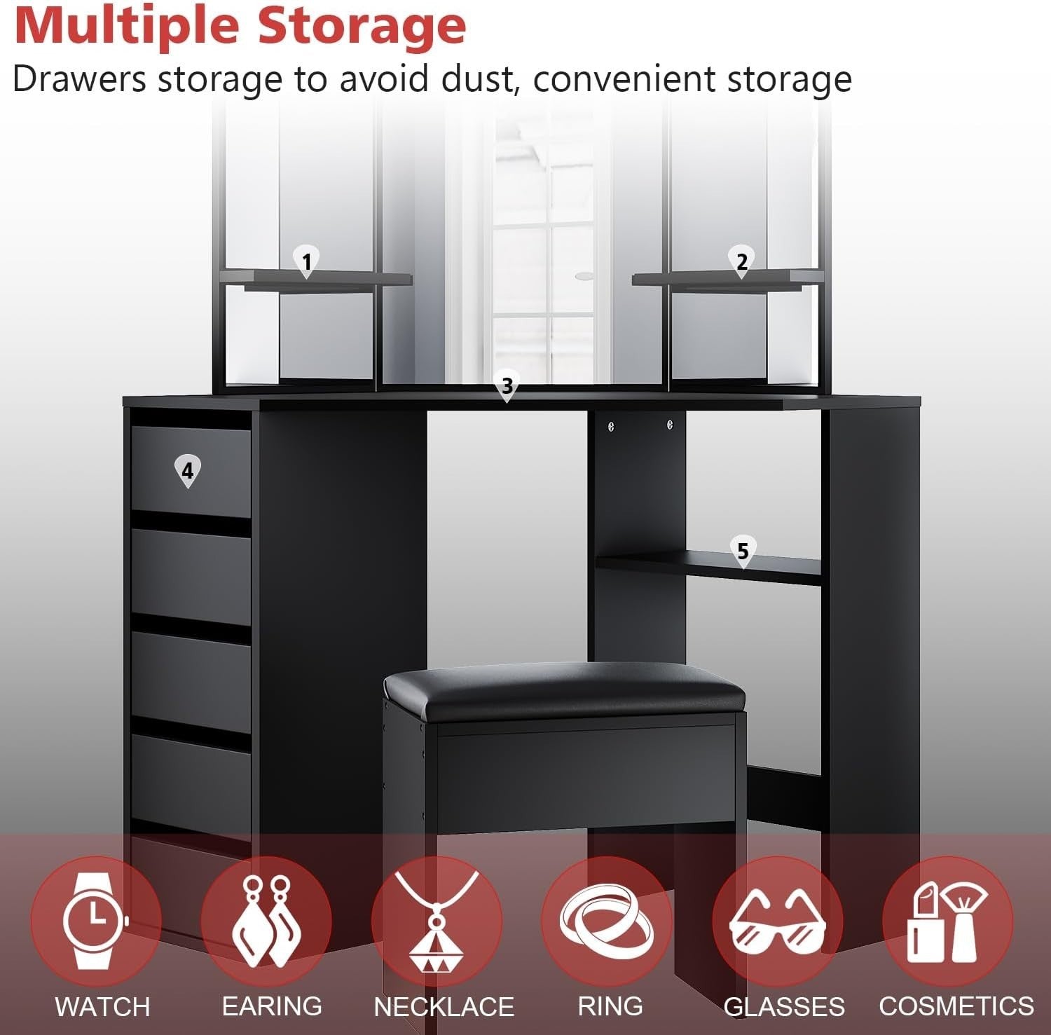 Corner Makeup Vanity Table Desk Black 5 Drawer 3-Angle Mirror Small Space