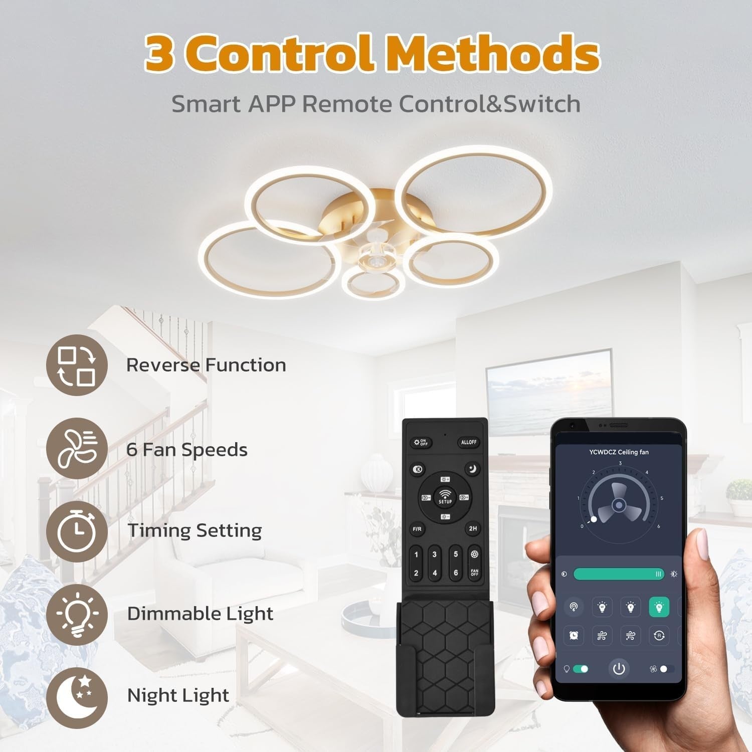 ycwdcz 100CM Smart Ceiling Fan with Light, Gold, 6-Speed, Remote, LED