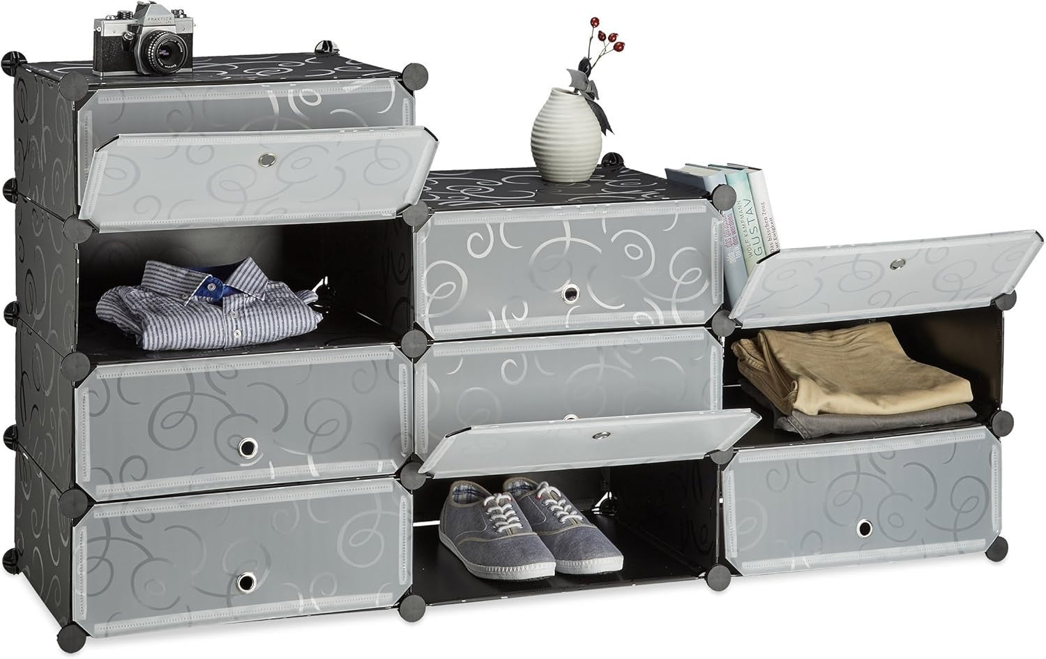 Wide 10 Tier Shoe Cabinet – Black Plastic Stackable Rack, 90cm High