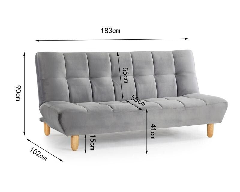 3 Seater Grey Velvet Sofa Bed Tufted Clic Clac Recliner w/ Wood Legs
