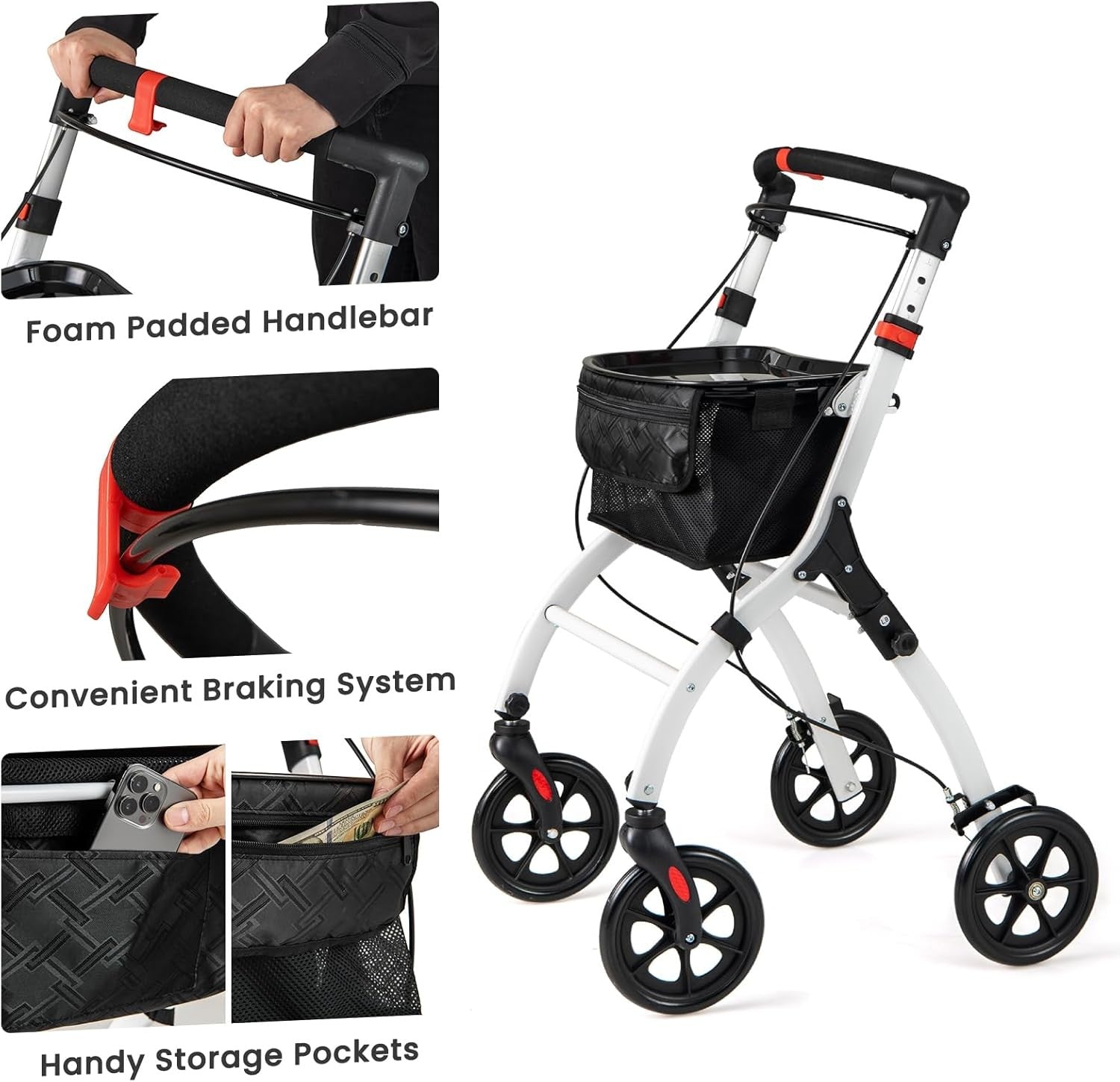 4 Wheel Rollator Walker Lightweight Folding Mobility Aid with Brakes & Tray