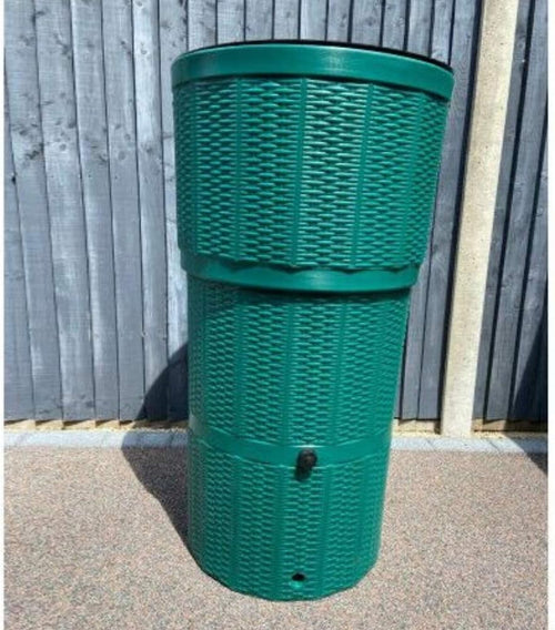 150L Green Wicker Effect Garden Water Butt Kit with Tap & Rain Diverter