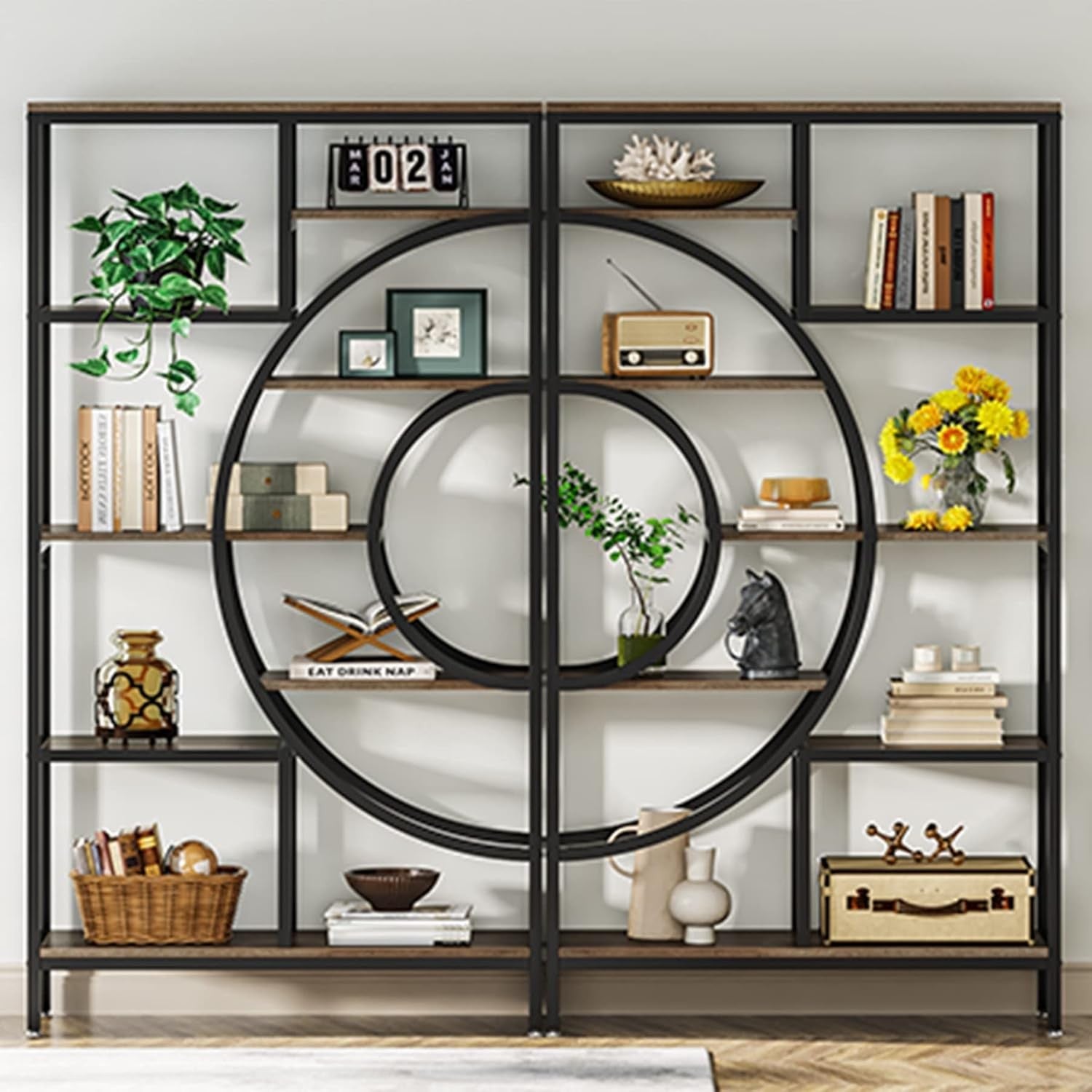 Geometric Industrial Bookshelf Set | 178cm Tall 8-Tier Open Display Shelves (2 P