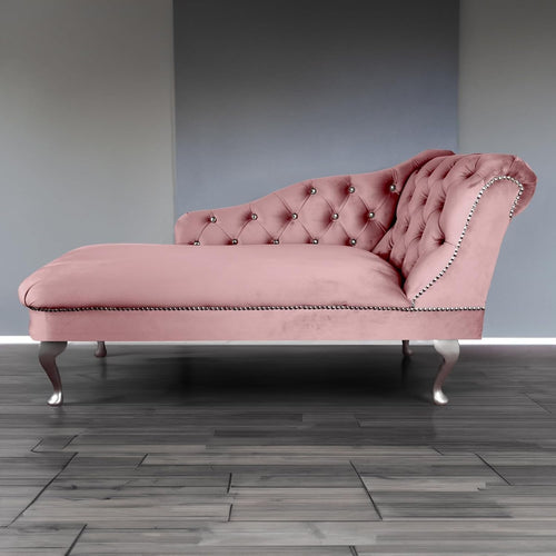 Velvet Chaise Lounge Sofa Right Hand Pink – Tufted Seat, UK Handmade