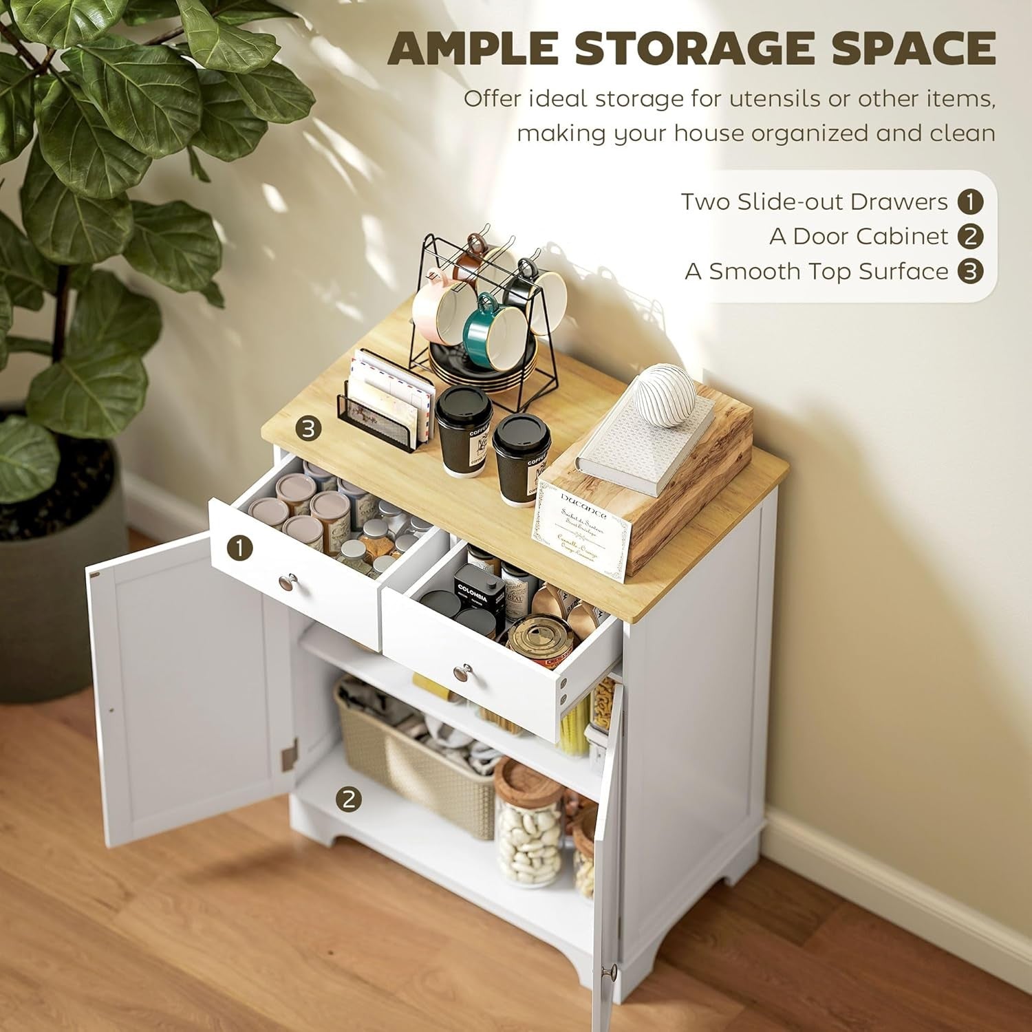 White Kitchen Sideboard Cabinet with Wood Top, Drawers & Adjustable Shelf
