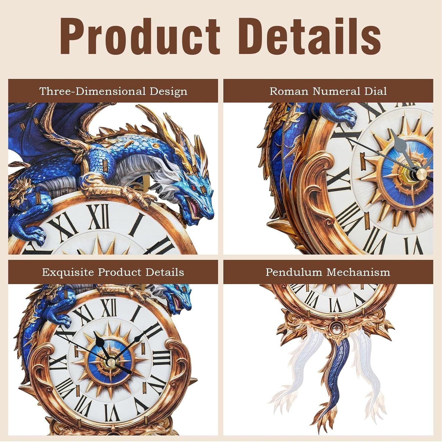 3D Wooden Blue Dragon Puzzle Clock DIY Kit for Home Decor 242x69x418mm