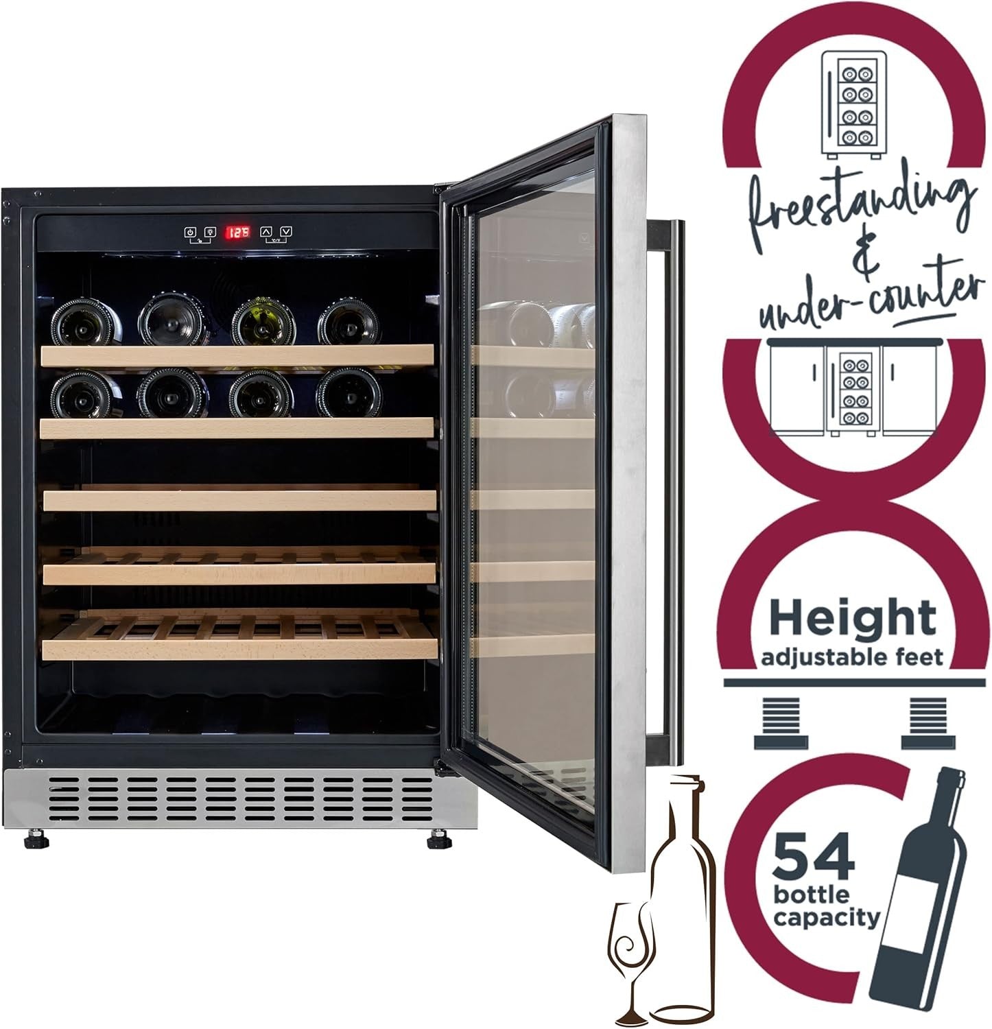 60cm Built In Wine Cooler 54 Bottle Under Counter Stainless Steel LED