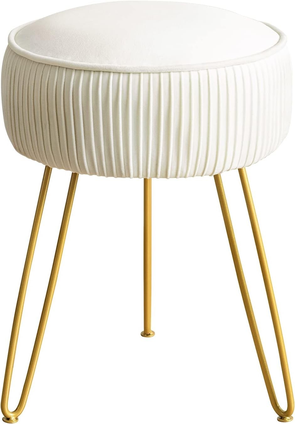 White Velvet Pleated Vanity Stool Round Ottoman with Gold Steel Legs