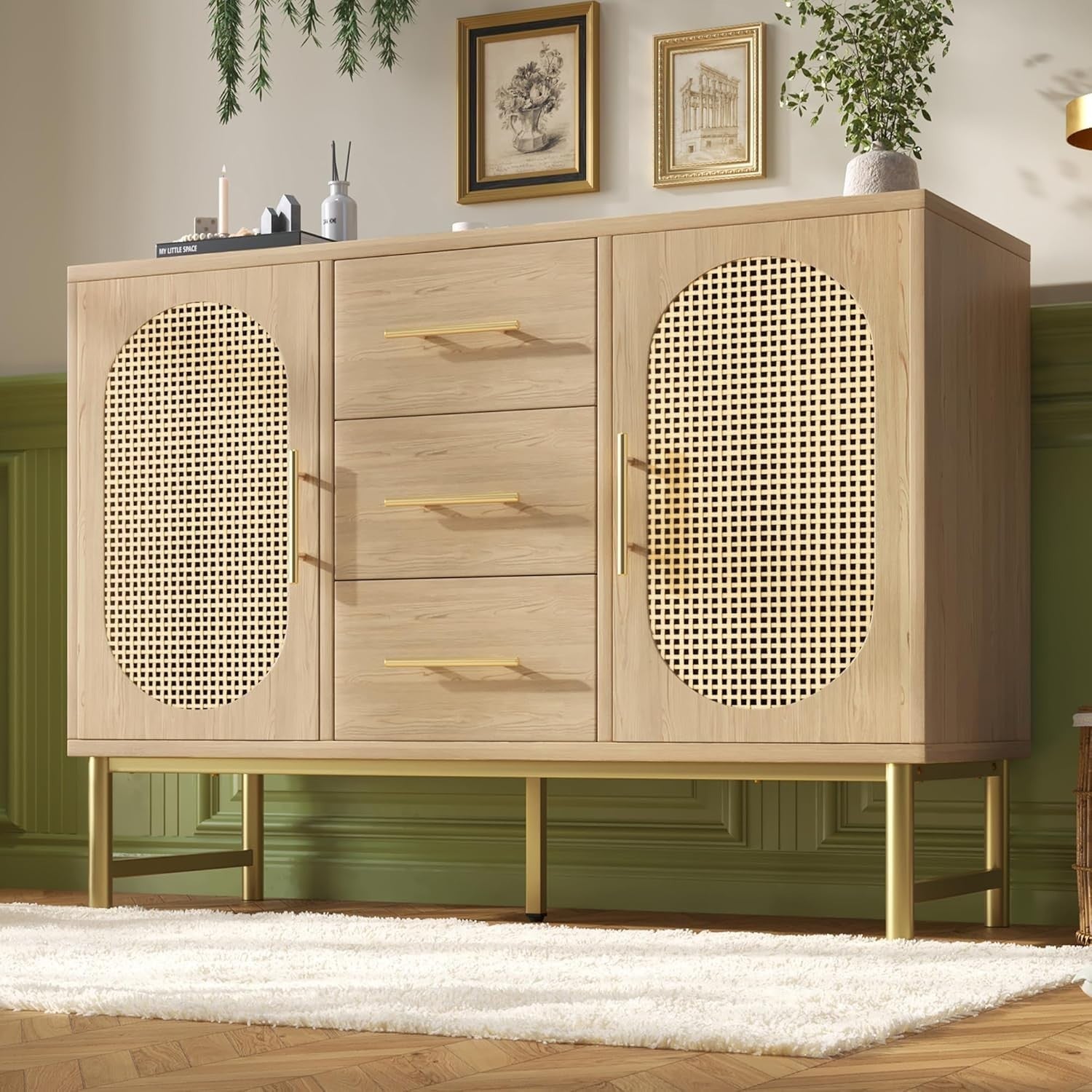 Rattan Sideboard Oak Storage Cabinet 3 Drawers 2 Doors 120cm Boho Chic