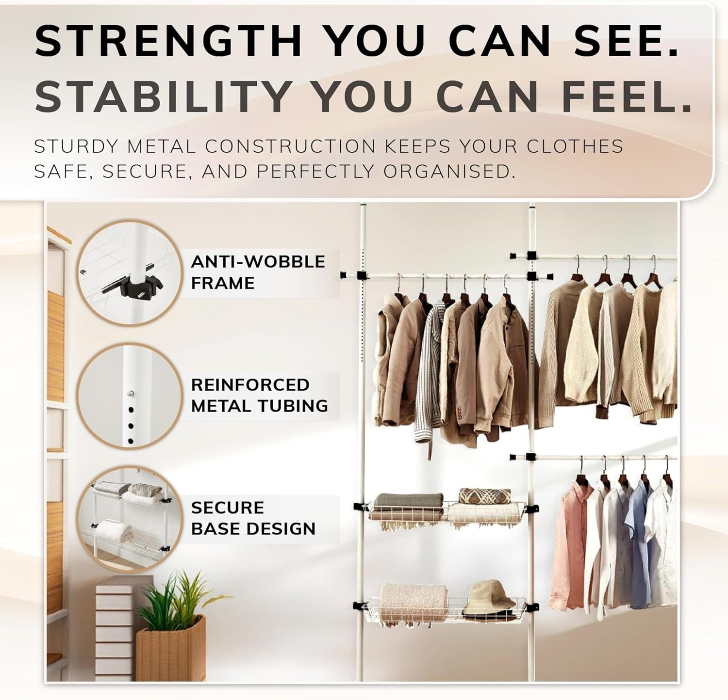 Double Telescopic Wardrobe Organiser with Baskets White