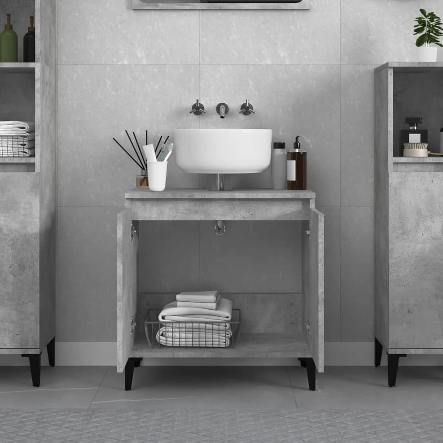 Concrete Grey Bathroom Sink Cabinet | Modern Under Sink Storage Unit 58x33x60cm
