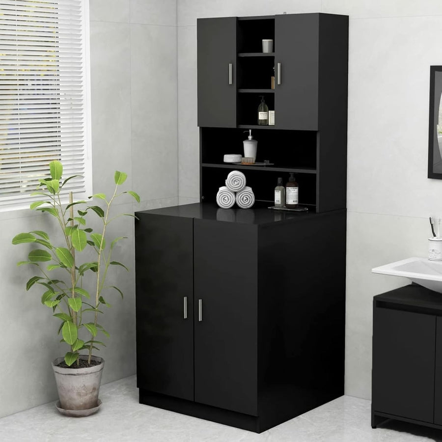 Washing Machine Storage Cabinet Laundry Bathroom Cupboard Shelves Black
