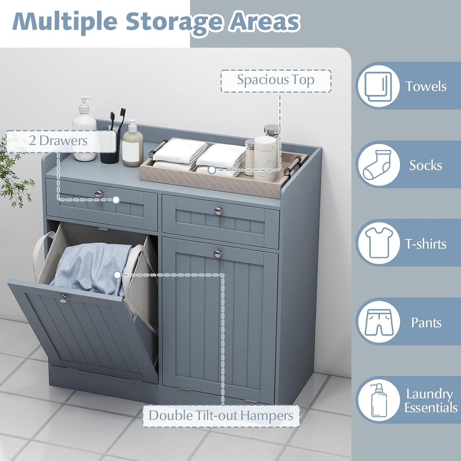 Grey Tilt-Out Laundry Cabinet with 2 Drawers & 2 Hampers Modern Bathroom Storage