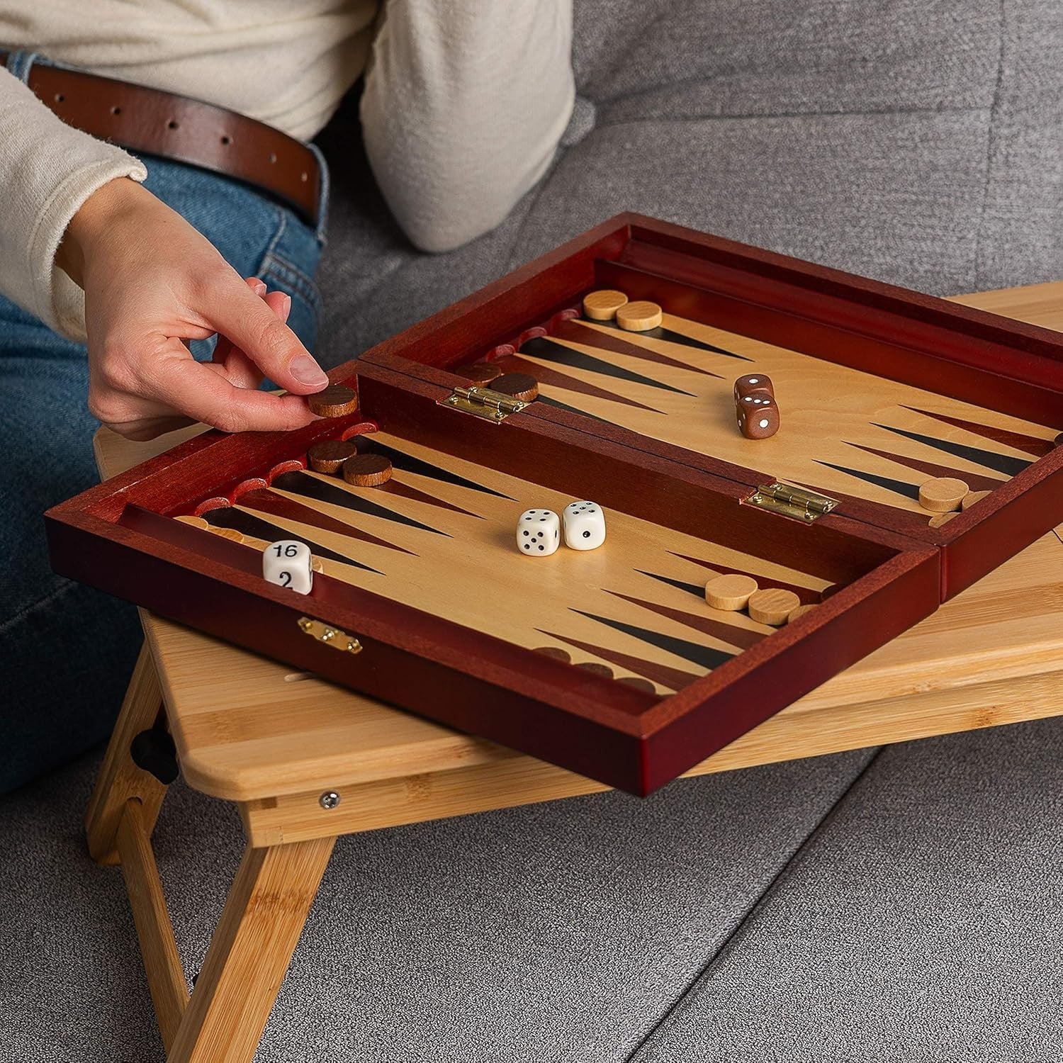 Classic Wooden Backgammon Set Compact Board Game with Dice Cups Case