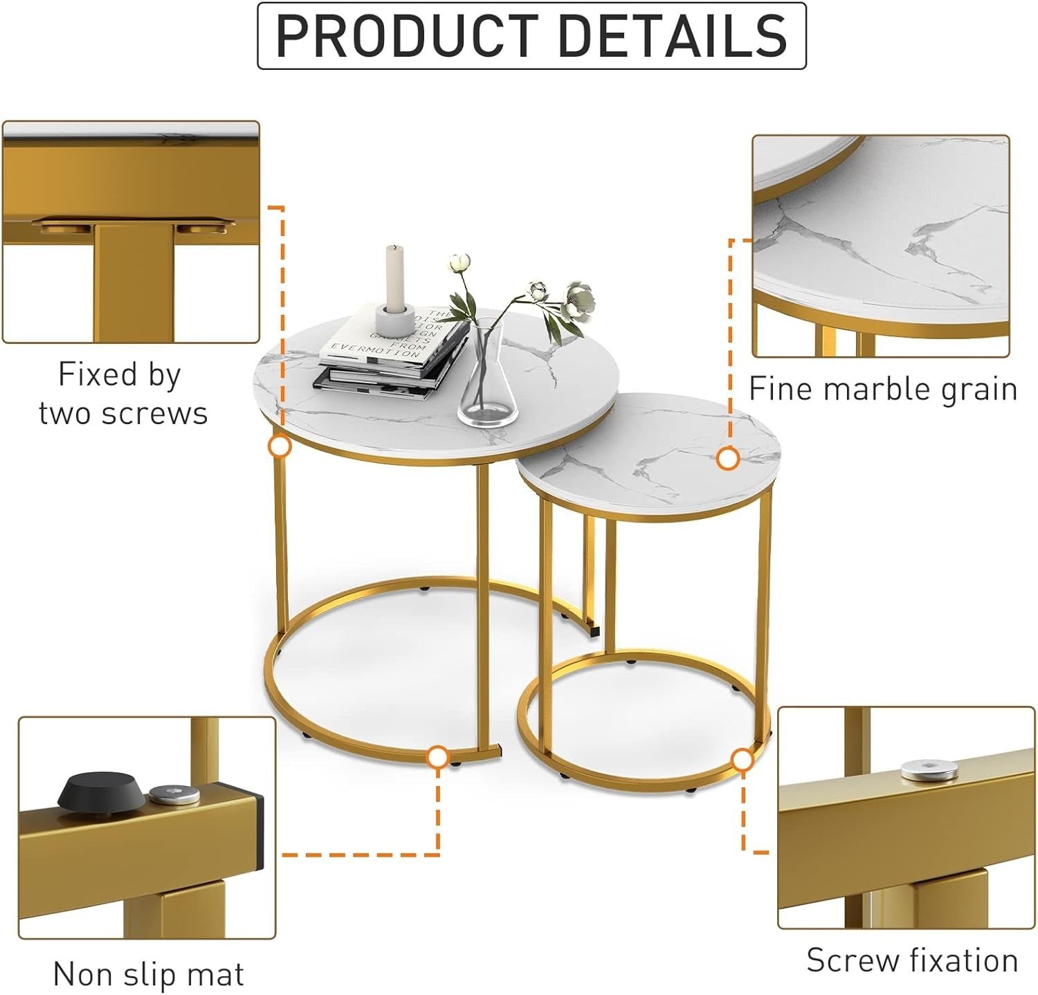 Gold Faux Marble Nesting Coffee Table Set 2 Round End Side Tables Storage