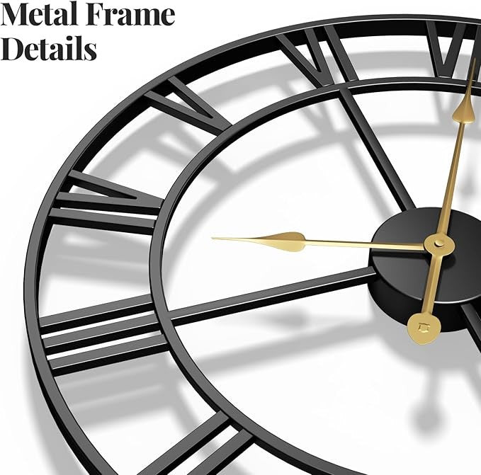 30" Large Silent Metal Wall Clock Modern Black Roman Numeral Home Decor