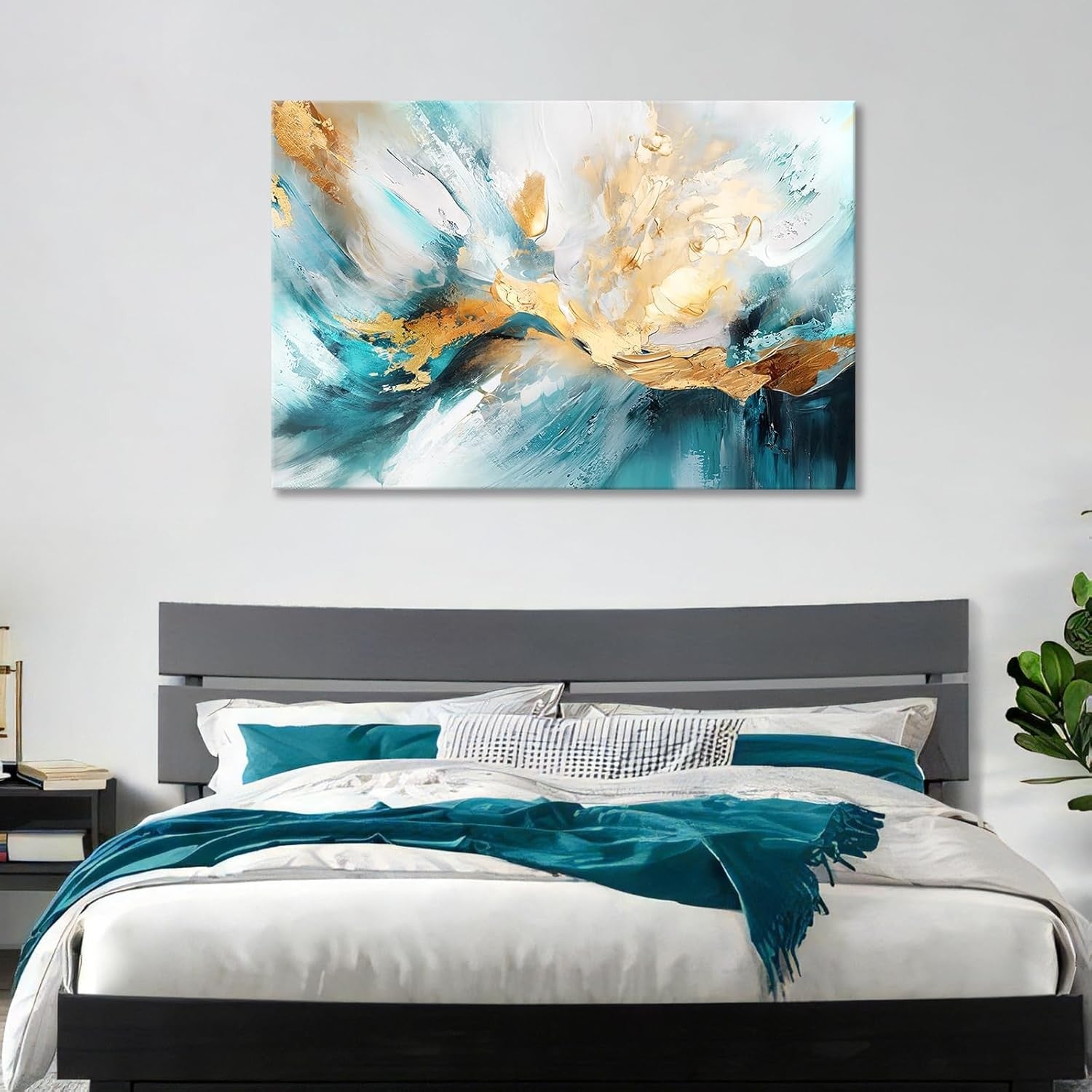 Large Abstract White Green Gold Canvas Wall Art 120x80 cm Framed