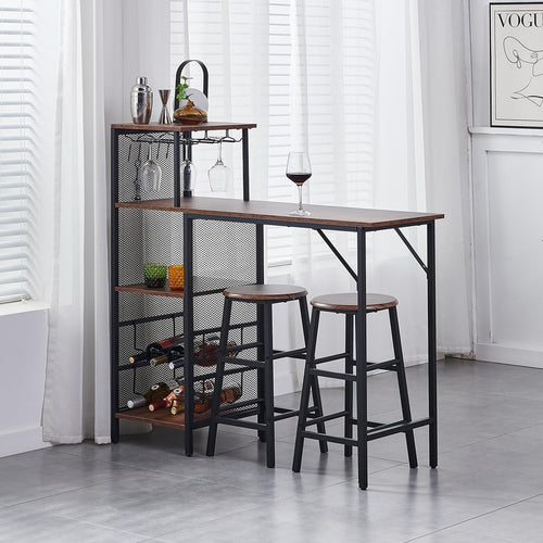 3-Piece Bar Table Set with 2 Stools Wood Top Space-Saving Dining Table Set