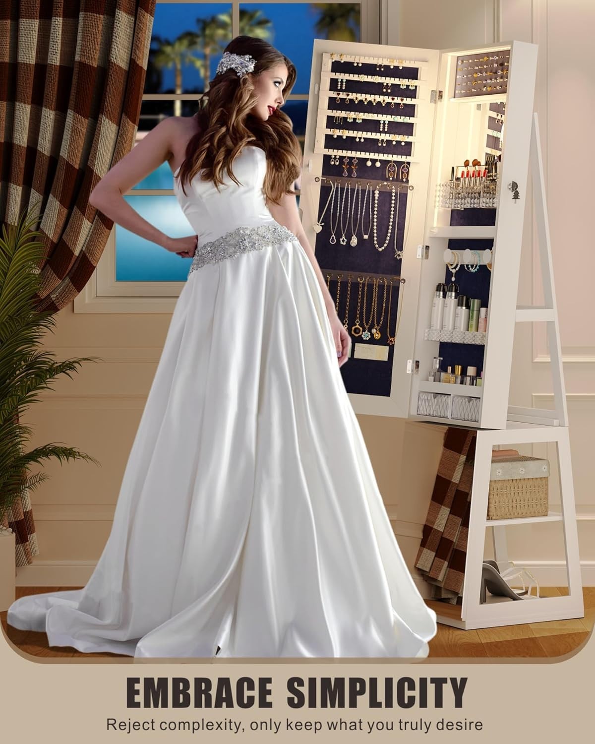 360° Swivel Jewelry Armoire Full Length Mirror LED Storage Cabinet White
