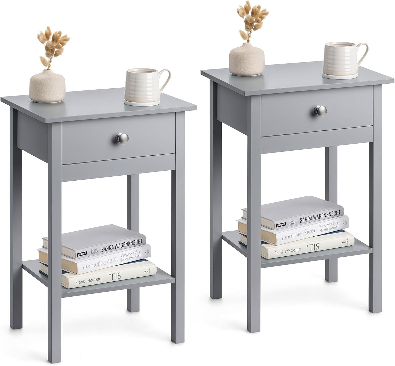 Set of 2 Grey Bedside Tables with Drawer & Shelf, Wooden Nightstands 60x40x30cm
