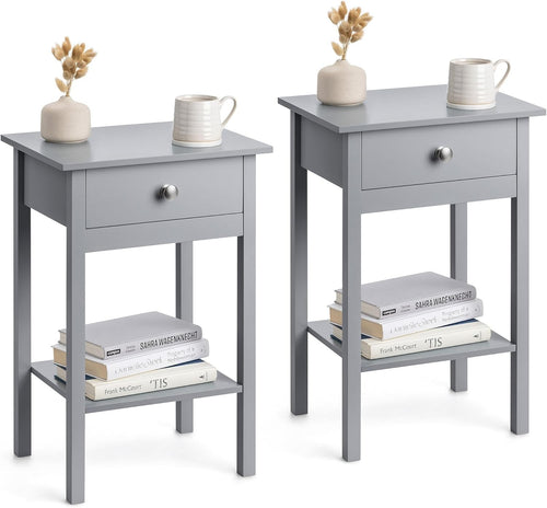 Set of 2 Grey Bedside Tables with Drawer & Shelf, Wooden Nightstands 60x40x30cm
