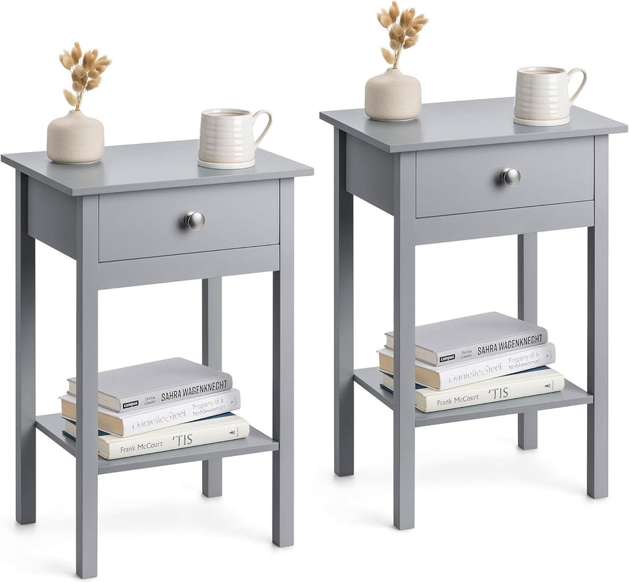 Set of 2 Grey Bedside Tables with Drawer & Shelf, Wooden Nightstands 60x40x30cm