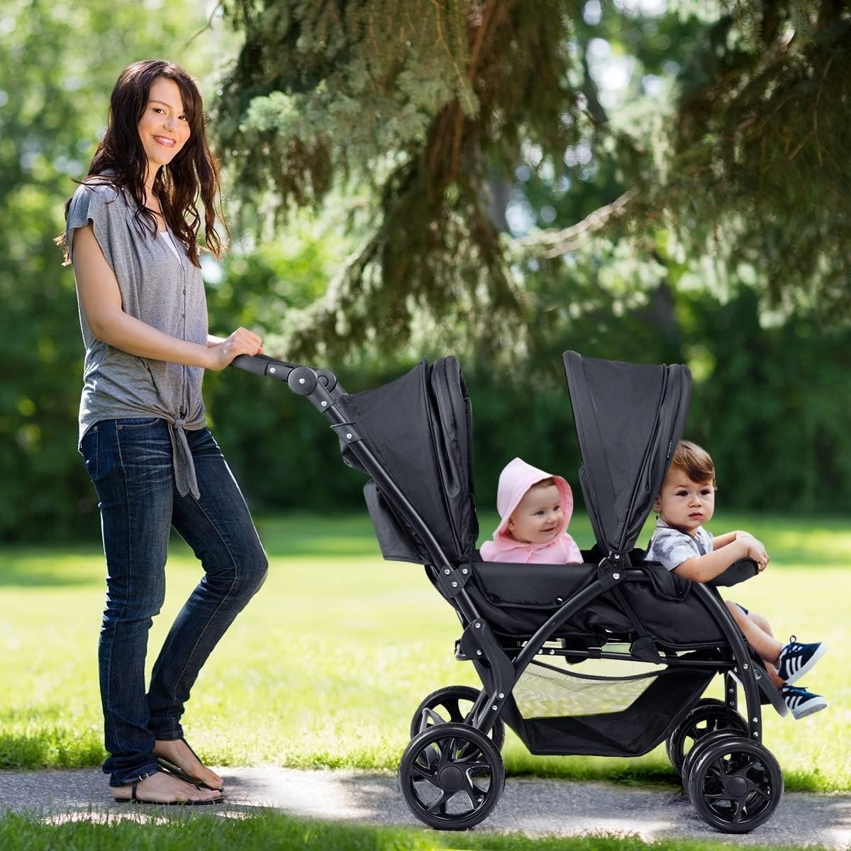 Black Double Baby Stroller Tandem Pushchair Foldable 30kg