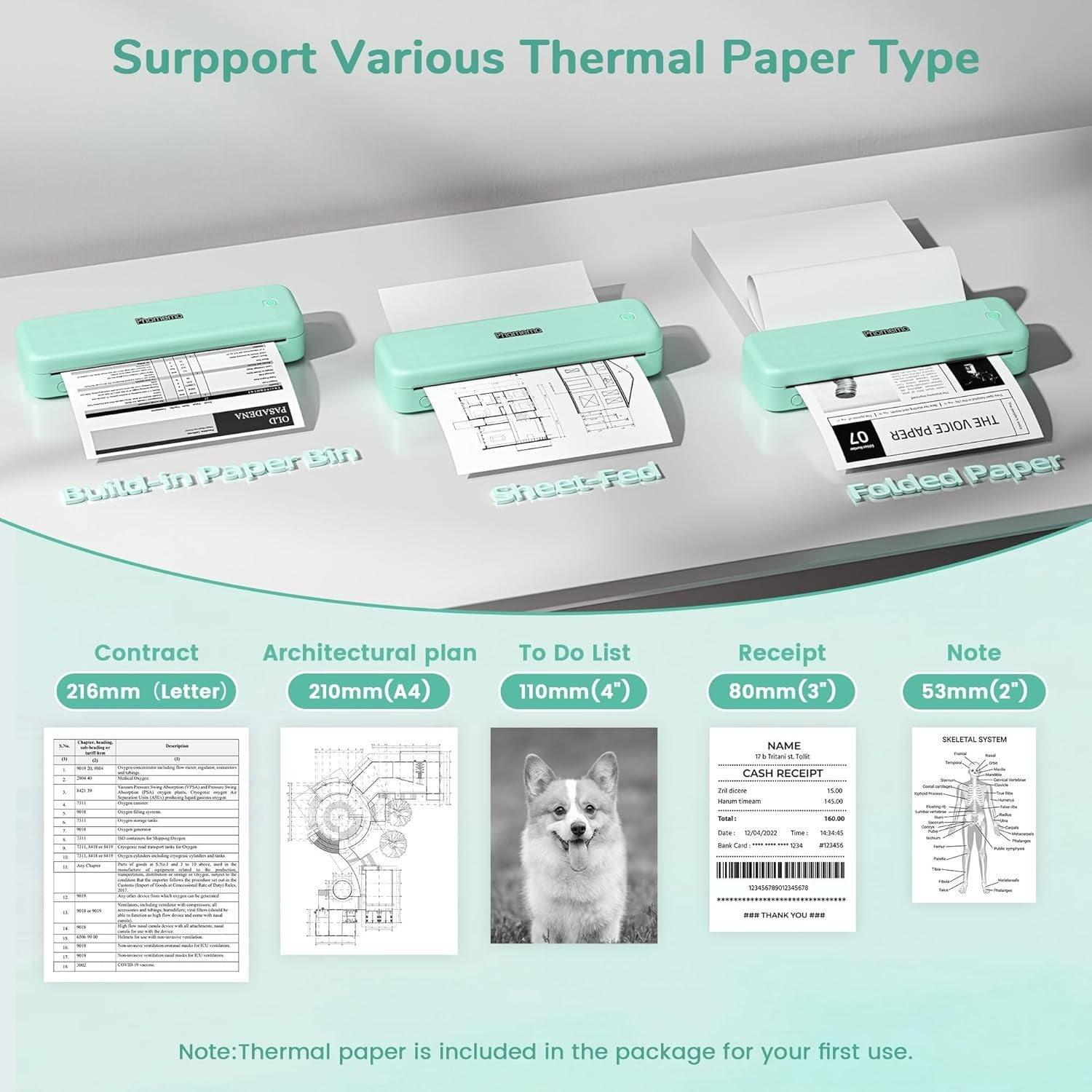 Portable A4 Thermal Printer Bluetooth Inkless 4 Rolls Green