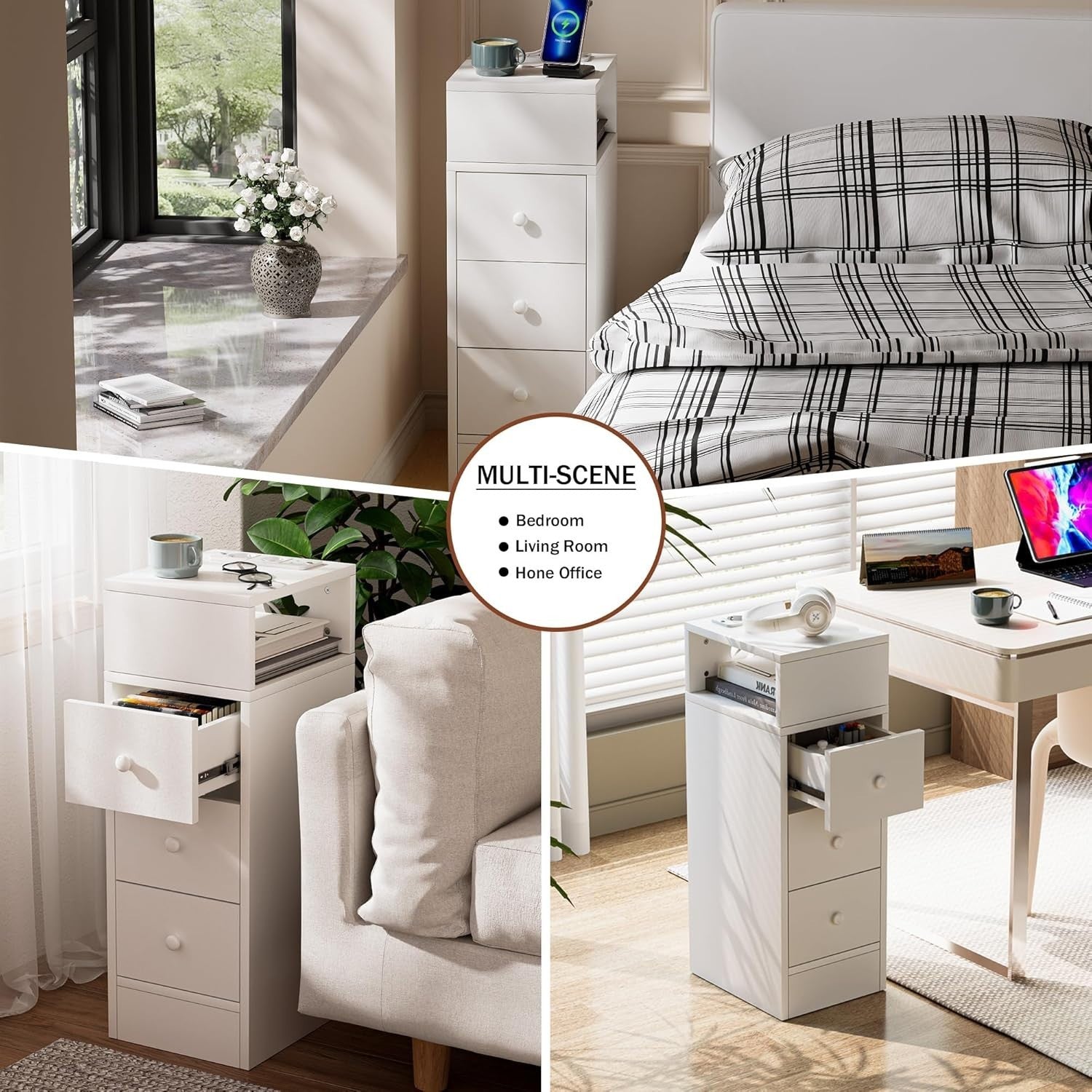 Slim White 3 Drawer Bedside Table with Charging Station | Modern Bedroom Storage