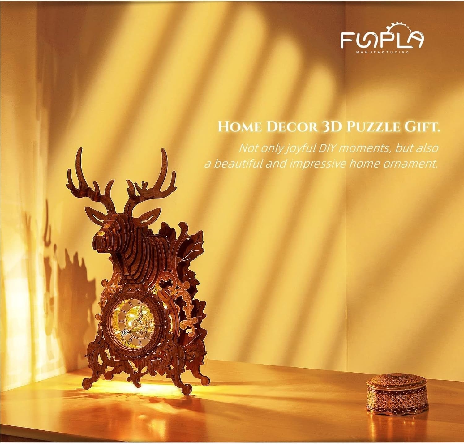 3D Wooden Elk Clock Puzzle with LED Light, DIY Home Decor Gift