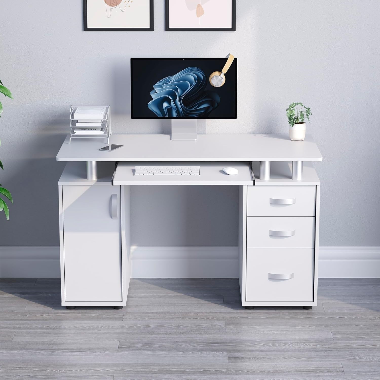 White 3 Drawer Computer Desk w/Shelves, Keyboard Tray 120cm Workstation