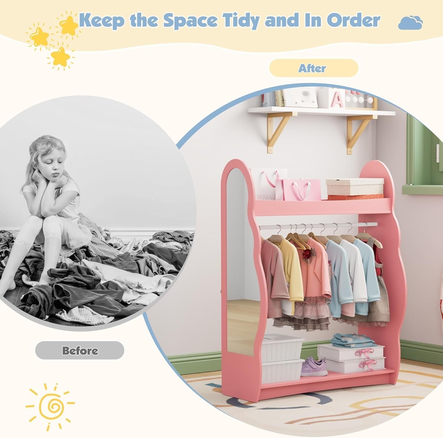 Kids Wardrobe with Mirror & Hanging Rail, No Drawer, Pink Cloud Design