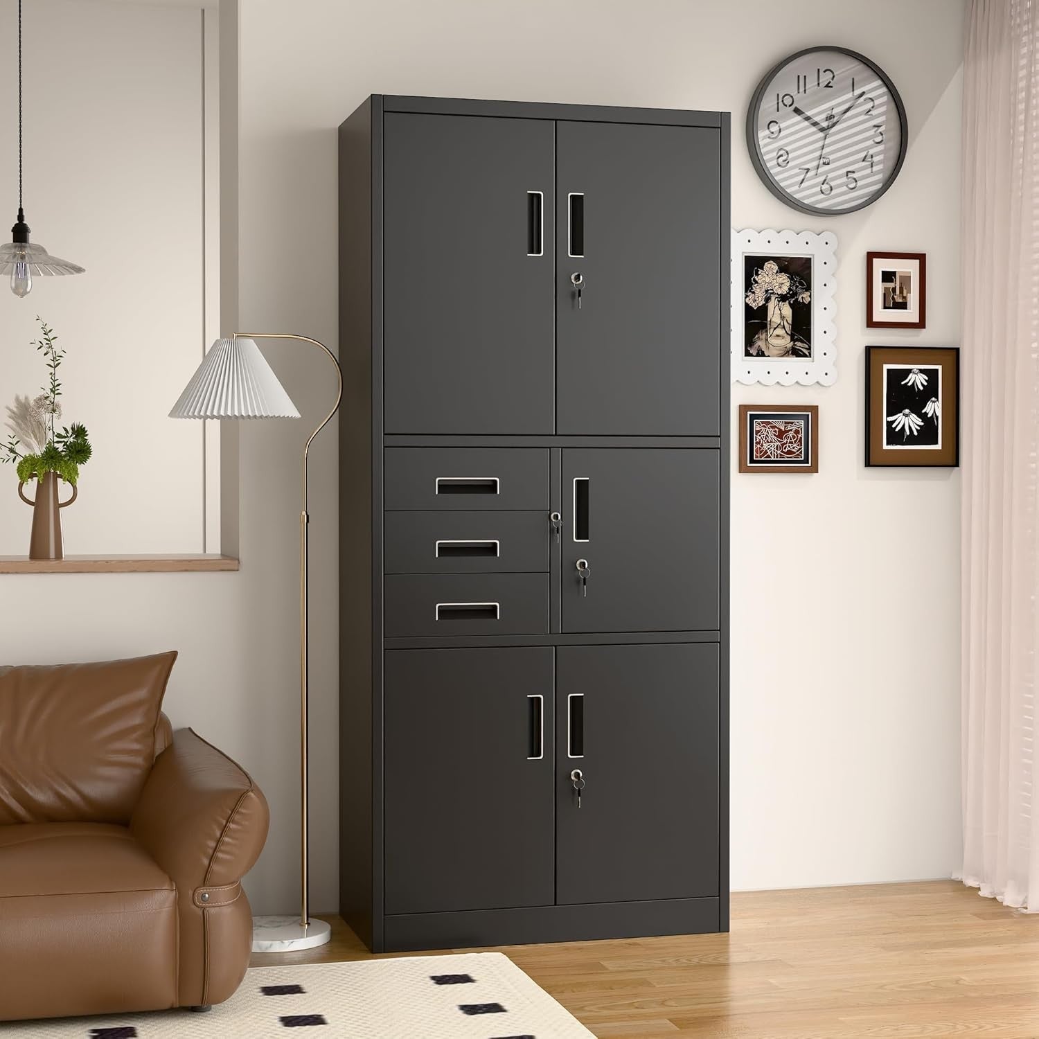 Metal Storage Cabinet 5 Door 3 Drawer Lockable Steel Cupboard 180cm Black