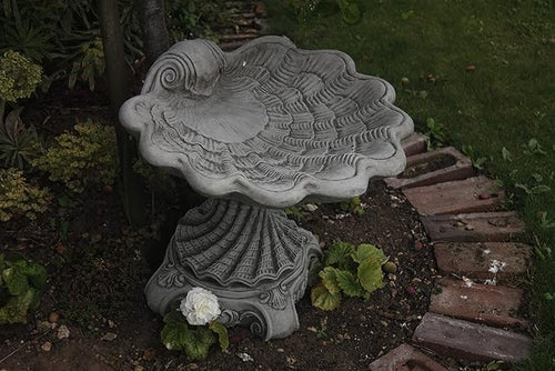 Shell Design Bird Bath – Detailed Concrete Garden Ornament Outdoor Feeder