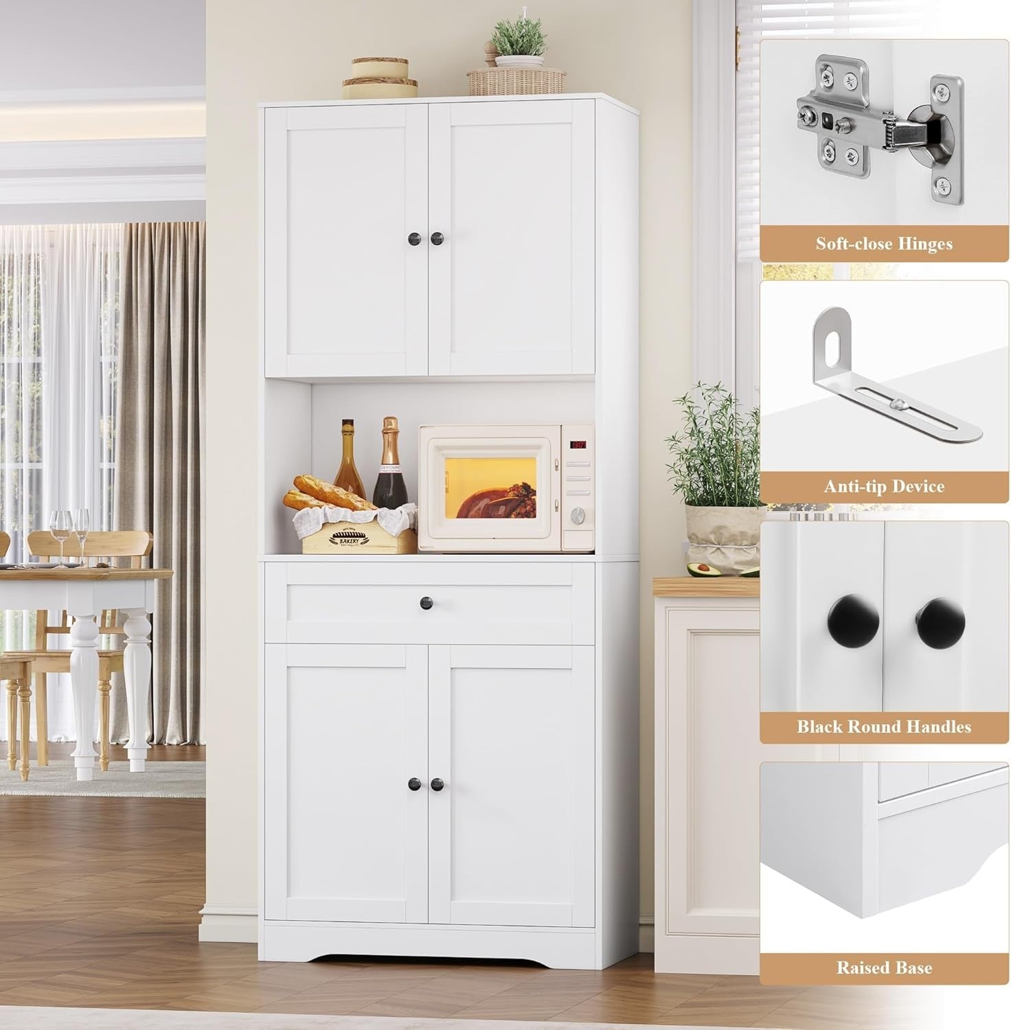 White 180cm Tall Kitchen Cupboard 4-Door Pantry 1-Drawer Countertop