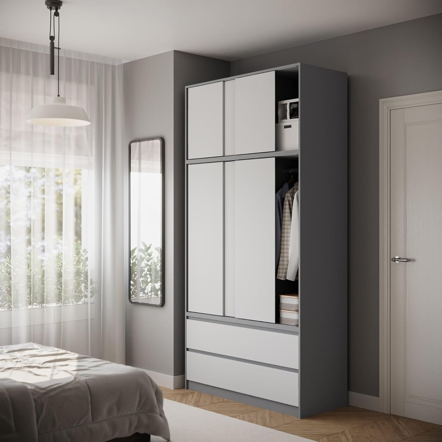 White Sliding Wardrobe 240cm 6 Doors 4 Drawers Modern Bedroom Closet Storage