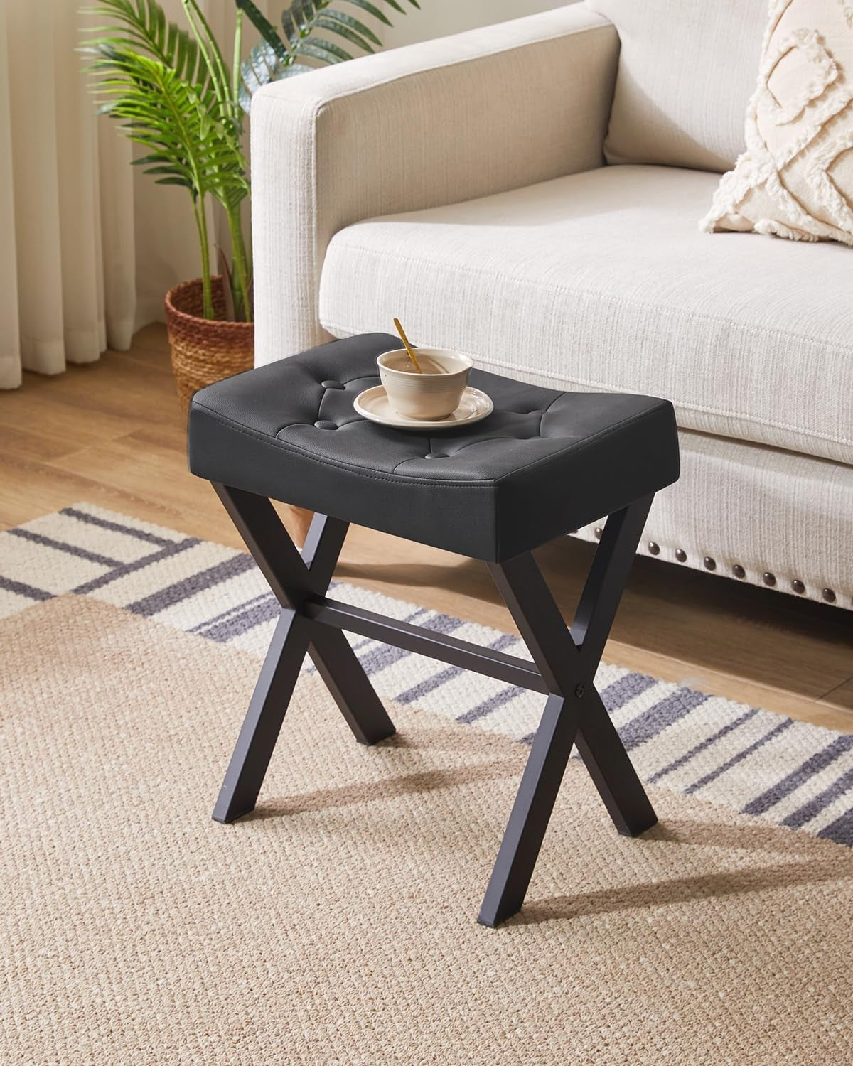 U-Shape PU Vanity Stool with X-Legs – Modern Makeup Seat & Footrest