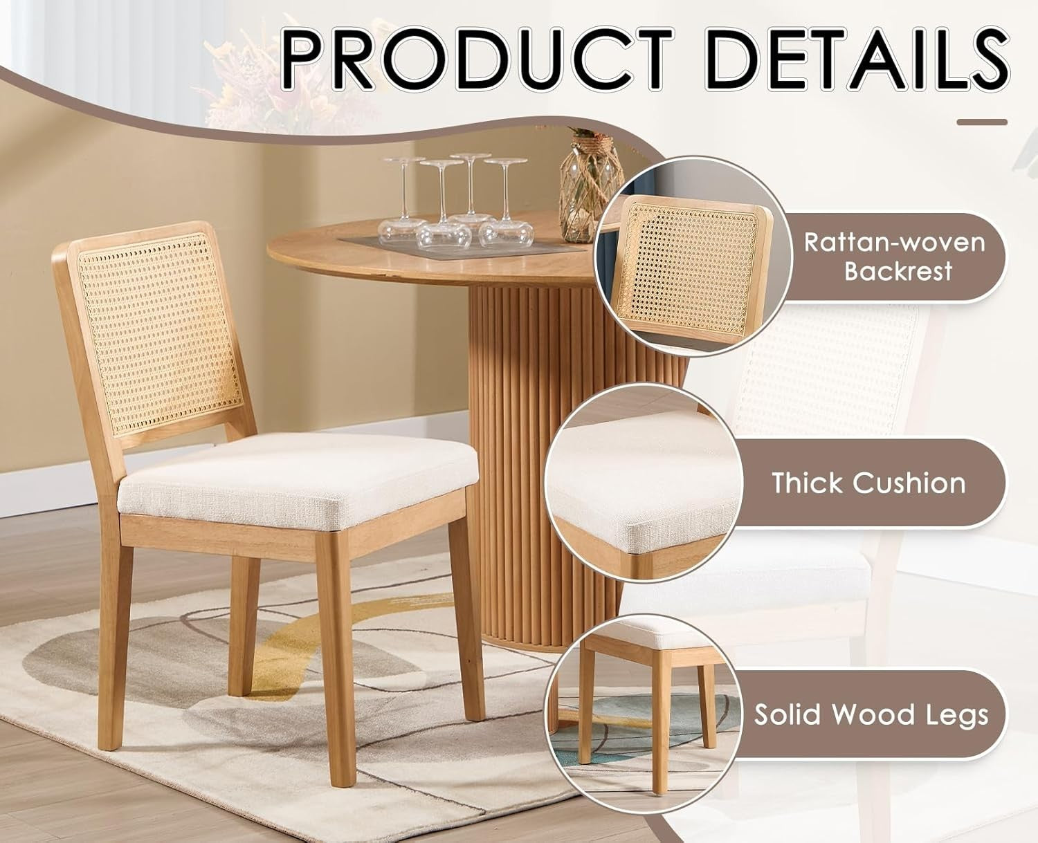 White Upholstered Dining Chairs Set of 2 Rattan Back Solid Wood Kitchen Seats