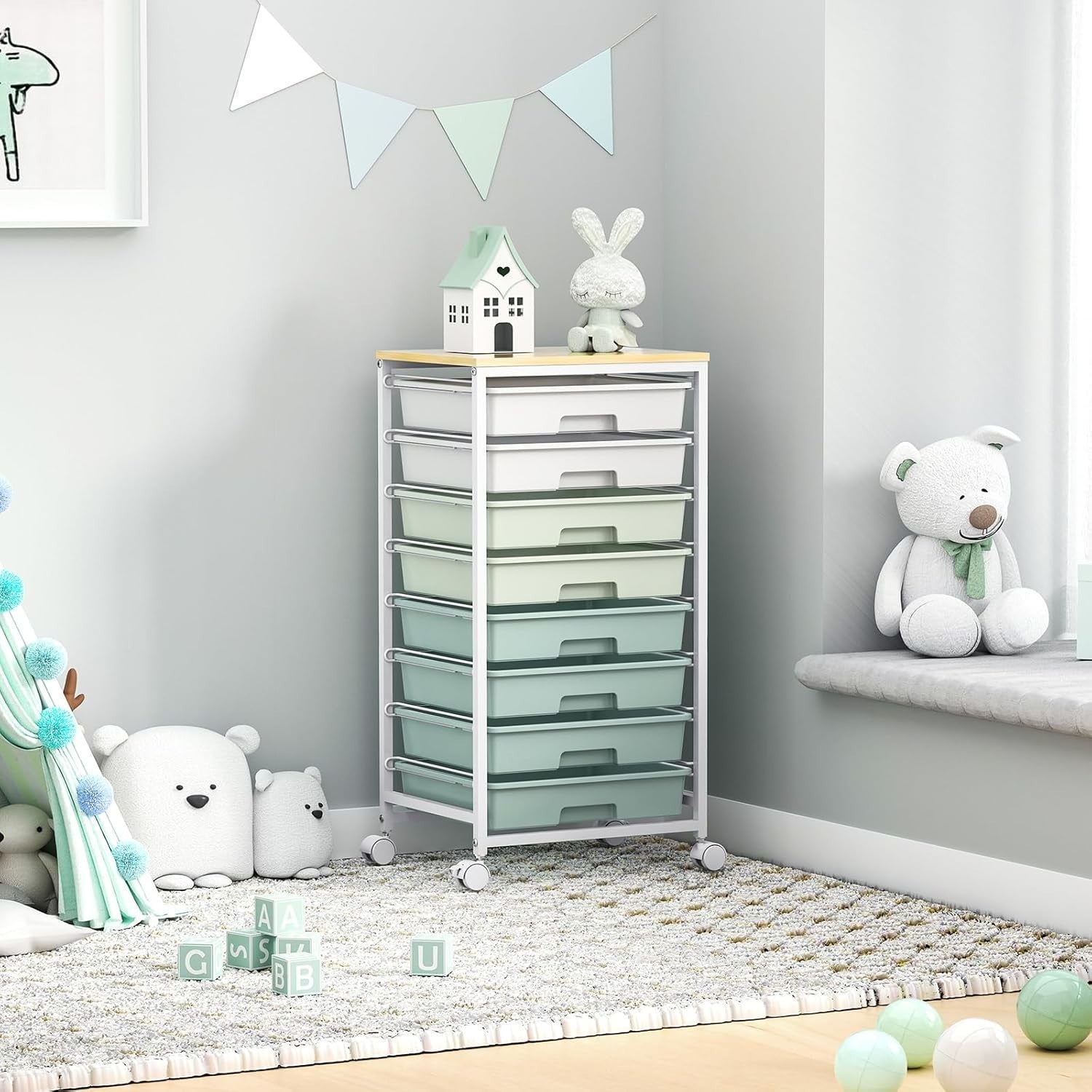 8 Drawer Rolling Storage Cart Utility Organizer Trolley Wheels Green