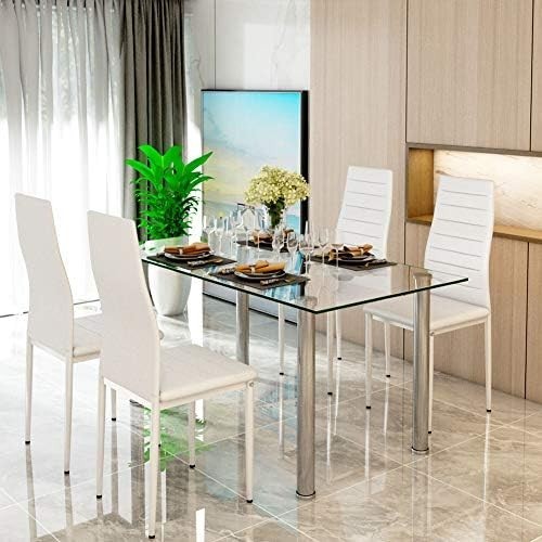Rectangular Glass Dining Table with 4 White PU Leather High-Back Chairs