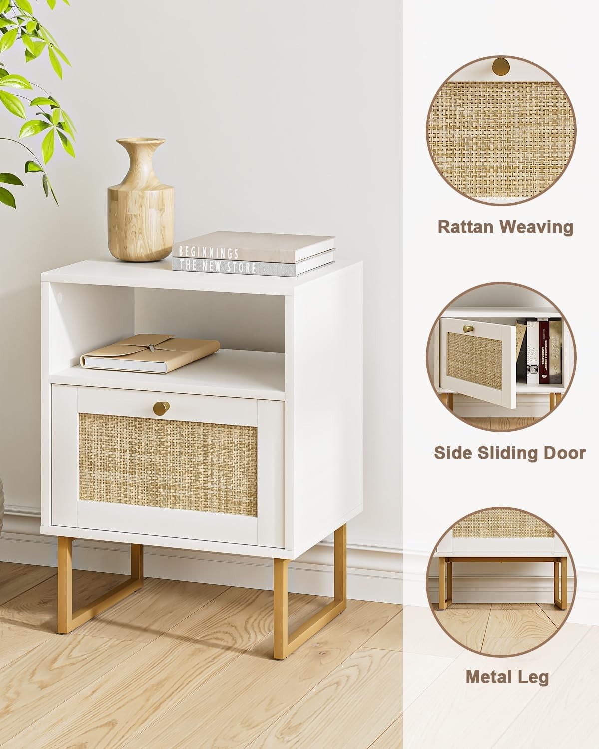 White Rattan Bedside Table with Drawer XL Nightstand Boho Oak Side Table
