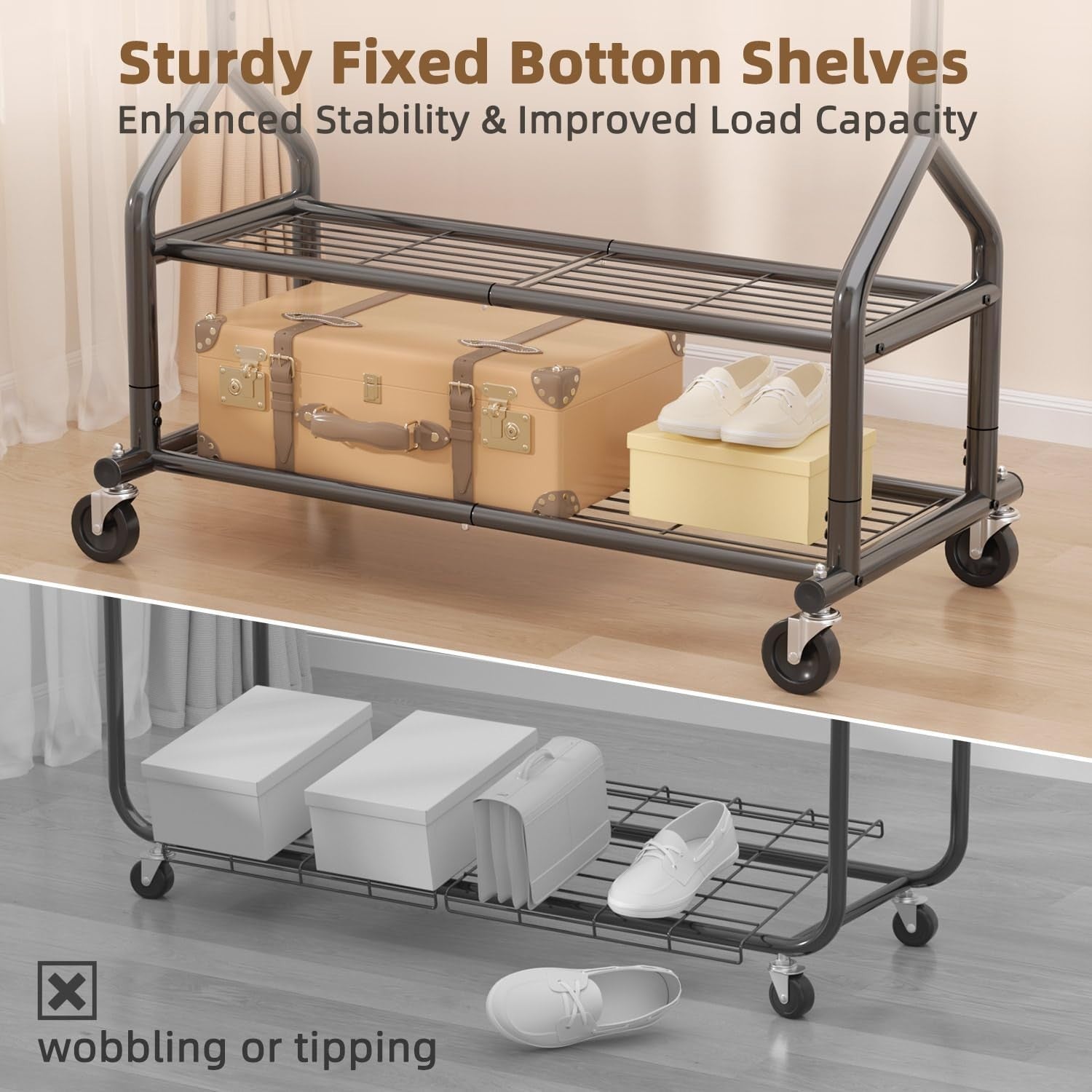 Heavy Duty 252KG Clothes Rail With Shelves & Wheels Black