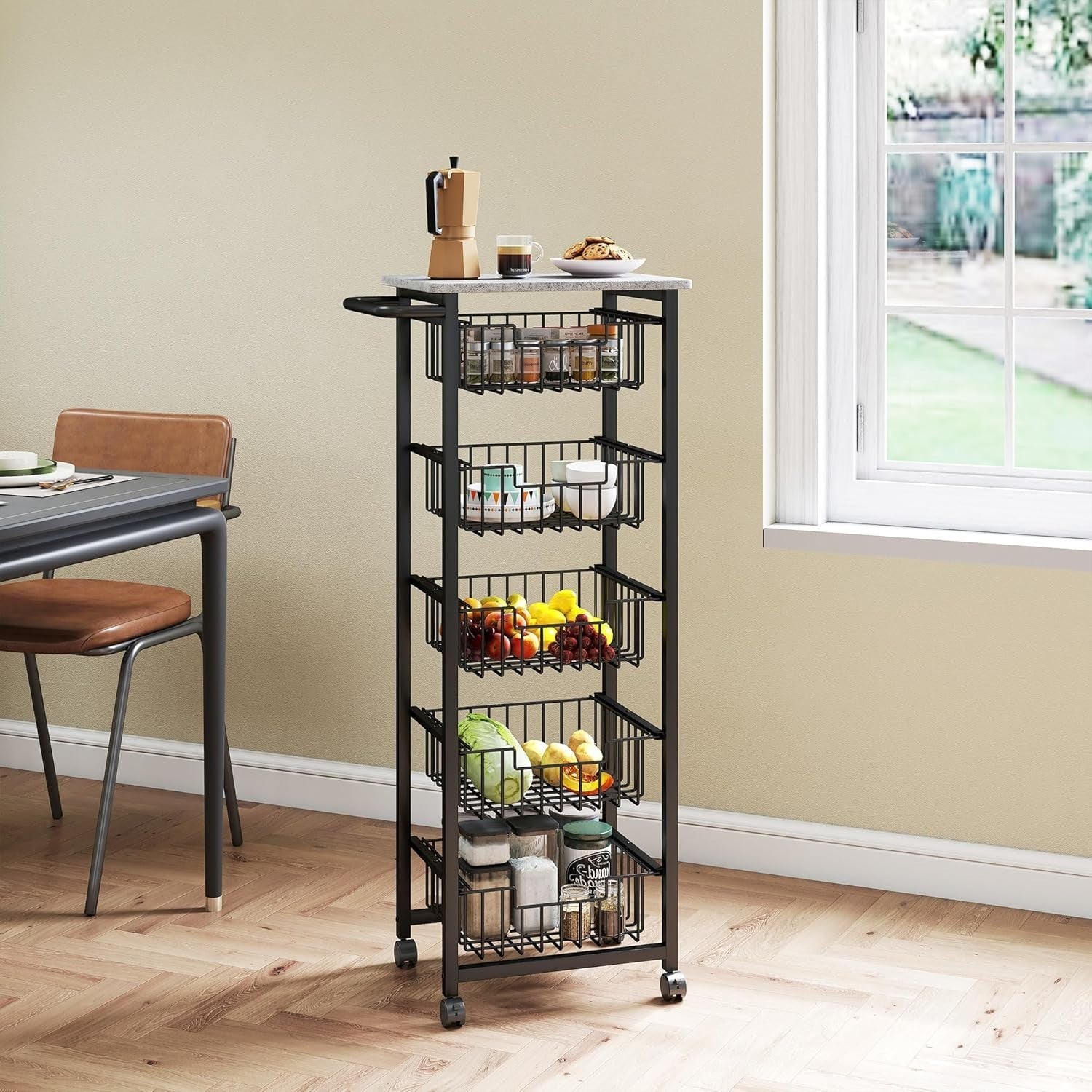 5 Tier Rolling Kitchen Island Cart Storage Trolley Mesh Baskets Grey