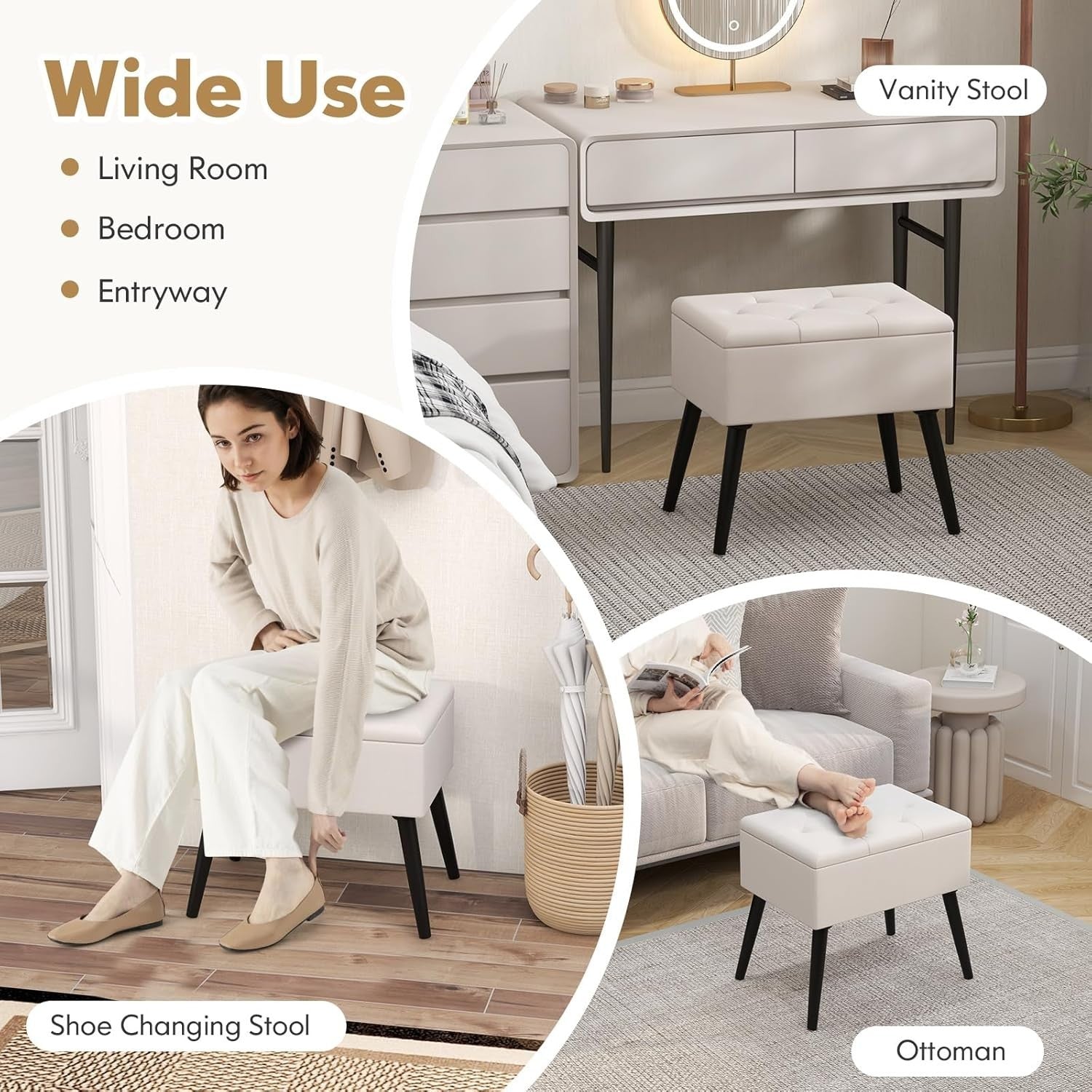 Beige Velvet Flip-Top Footstool Storage Ottoman Vanity Seat w/ Solid Wood Legs