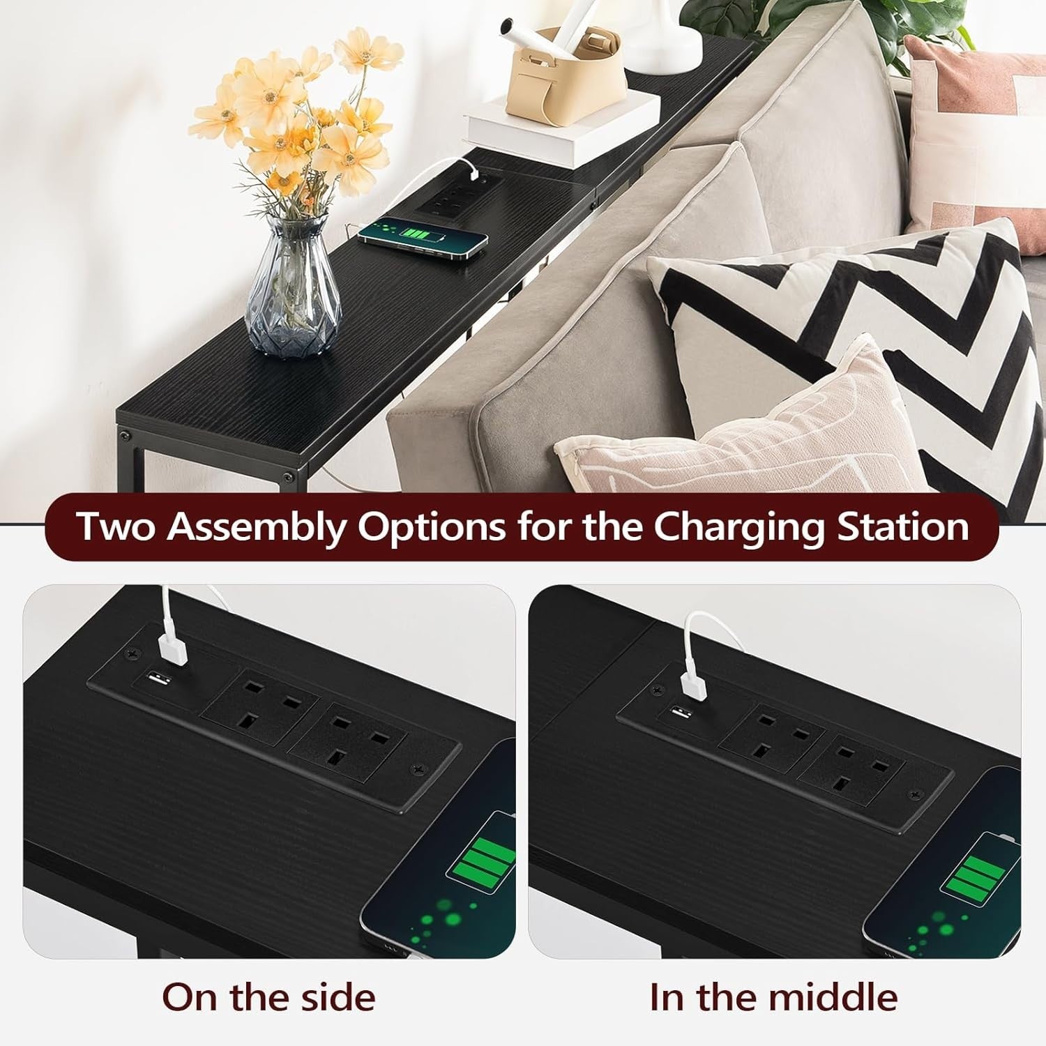 Power Outlet Sofa Table with USB Ports, 160 cm Narrow Console Table