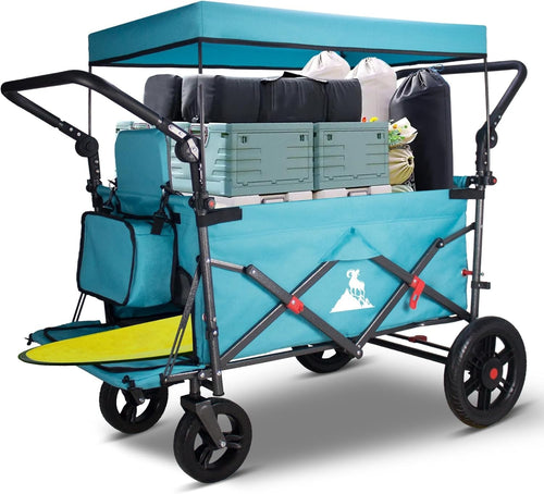Sky Blue/Grey Folding Wagon w/ Roof Brakes 120kg Heavy Duty Cart PU Tyres & Seat